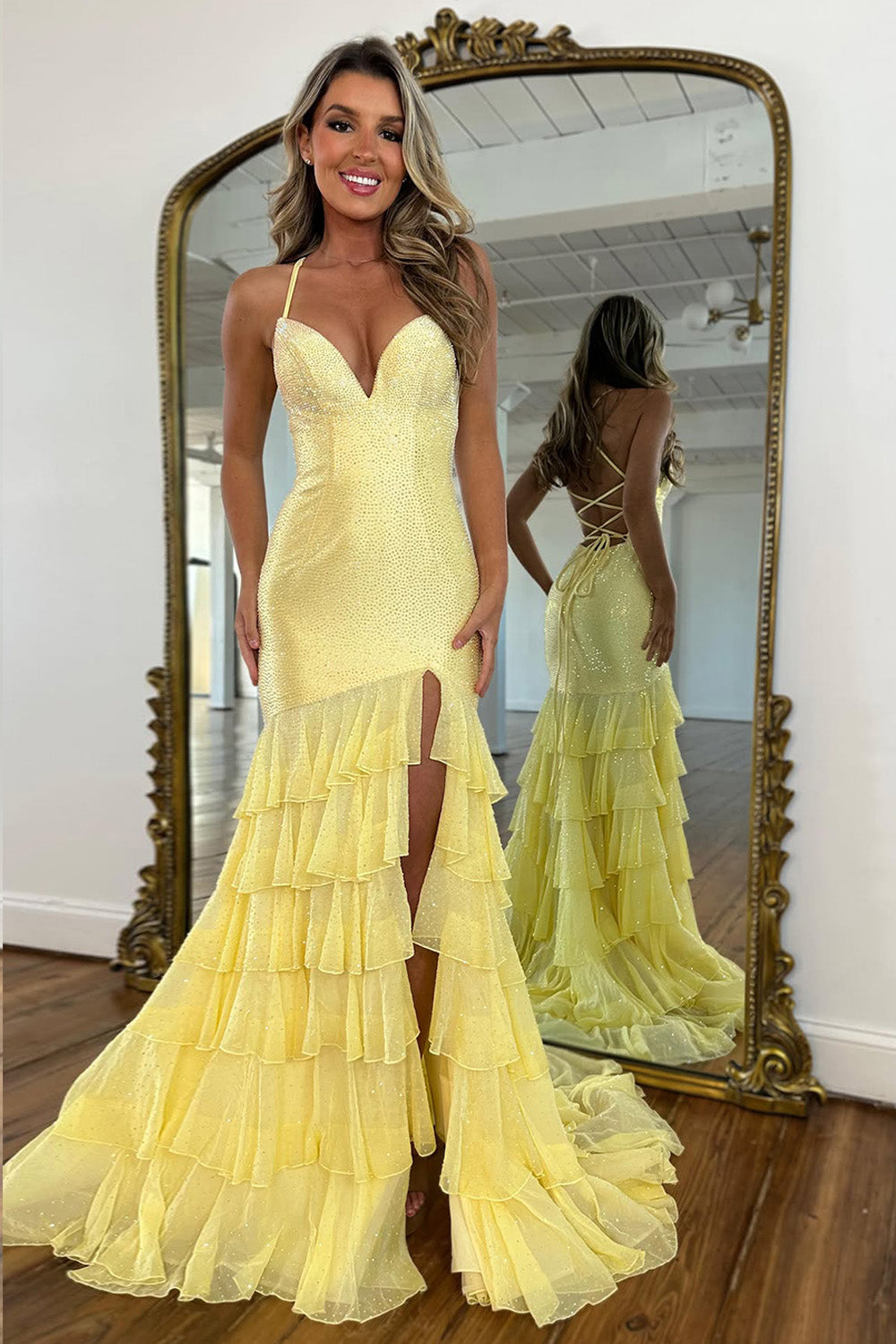 Yellow Sparkle Beaded Top Formal Dress with Side Slit and Corset Back