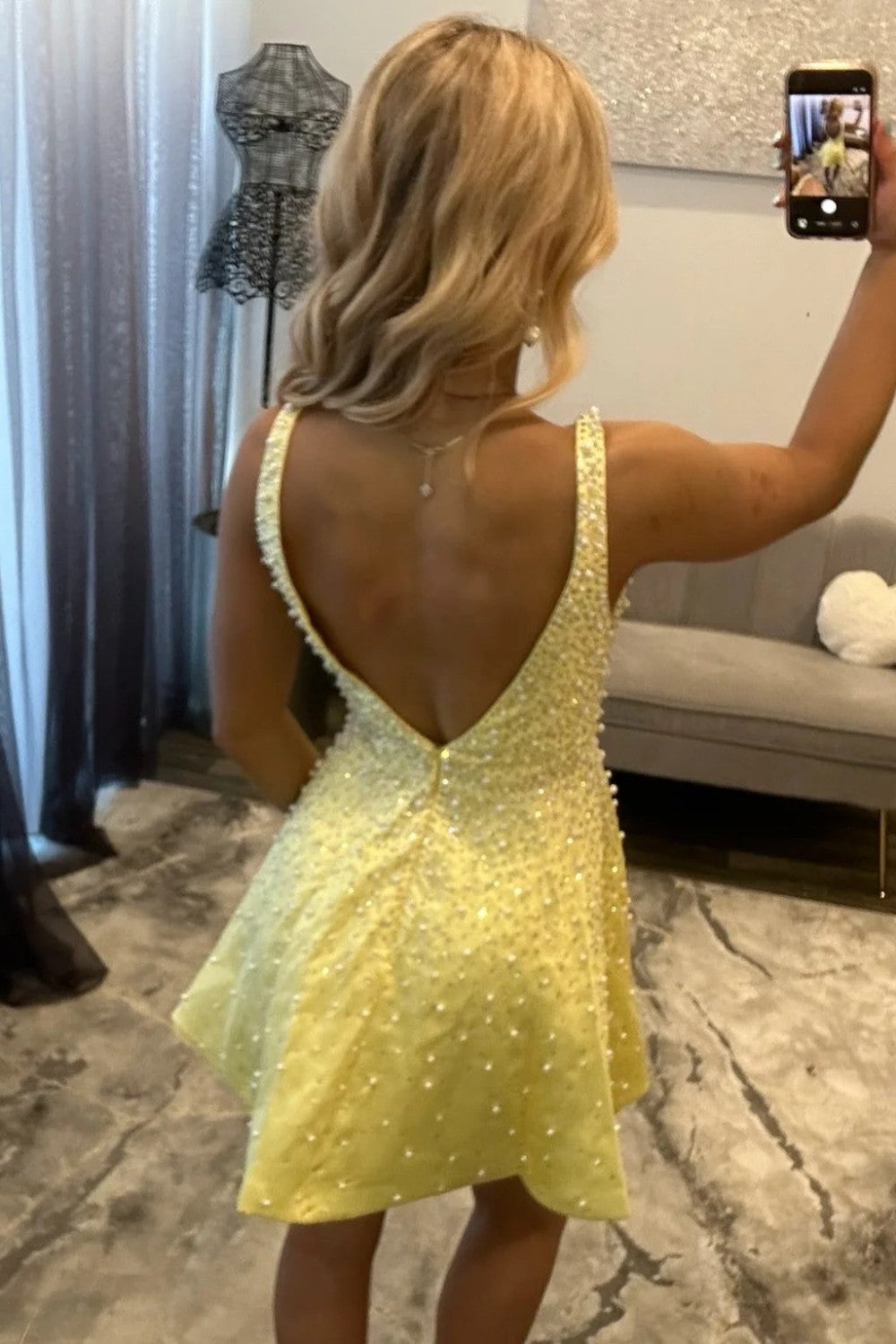 Yellow Sparkly A-Line V-Neck Beaded Mini Homecoming Dress