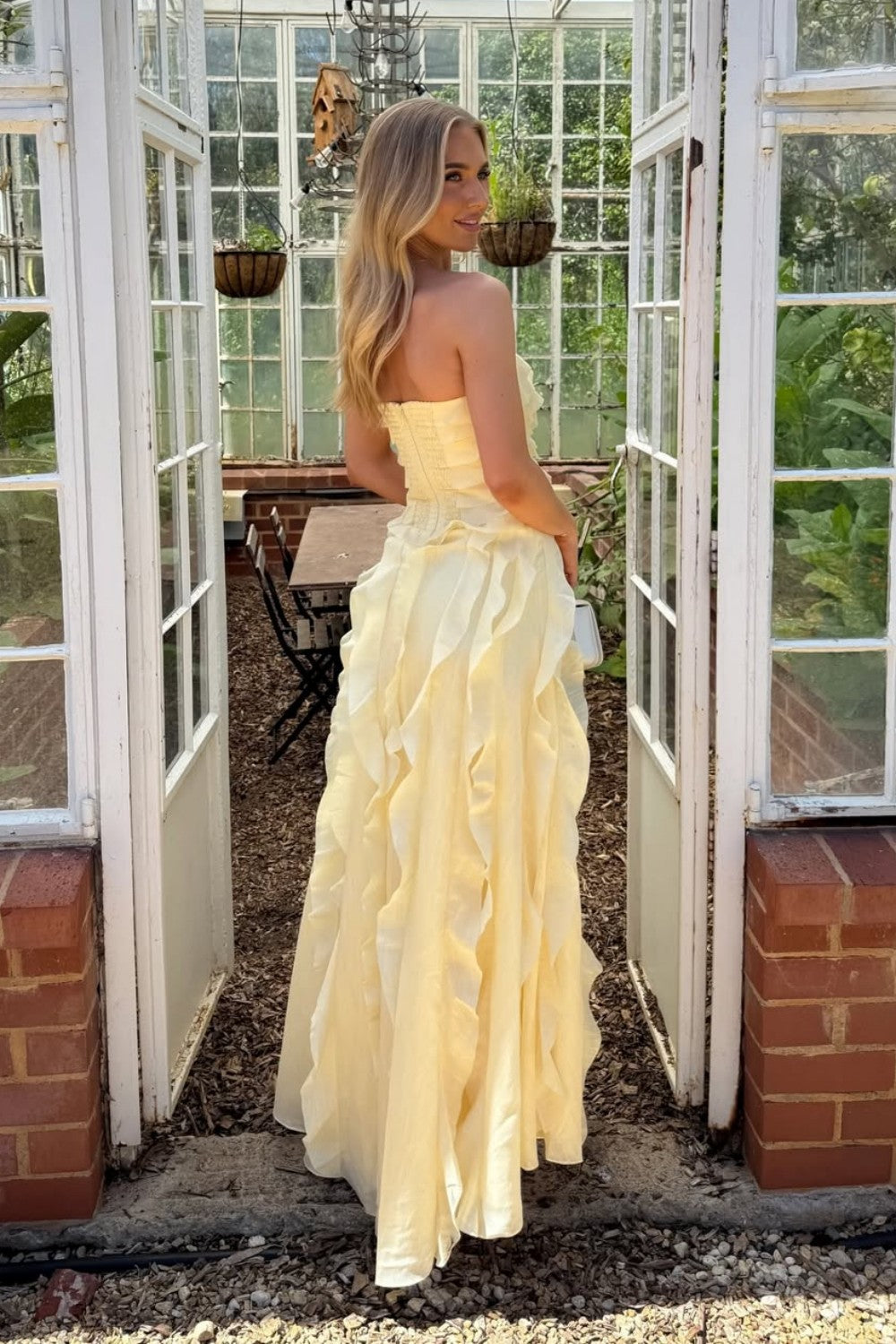 Yellow Strapless Ruffle Chiffon High Slit Long Prom Dress