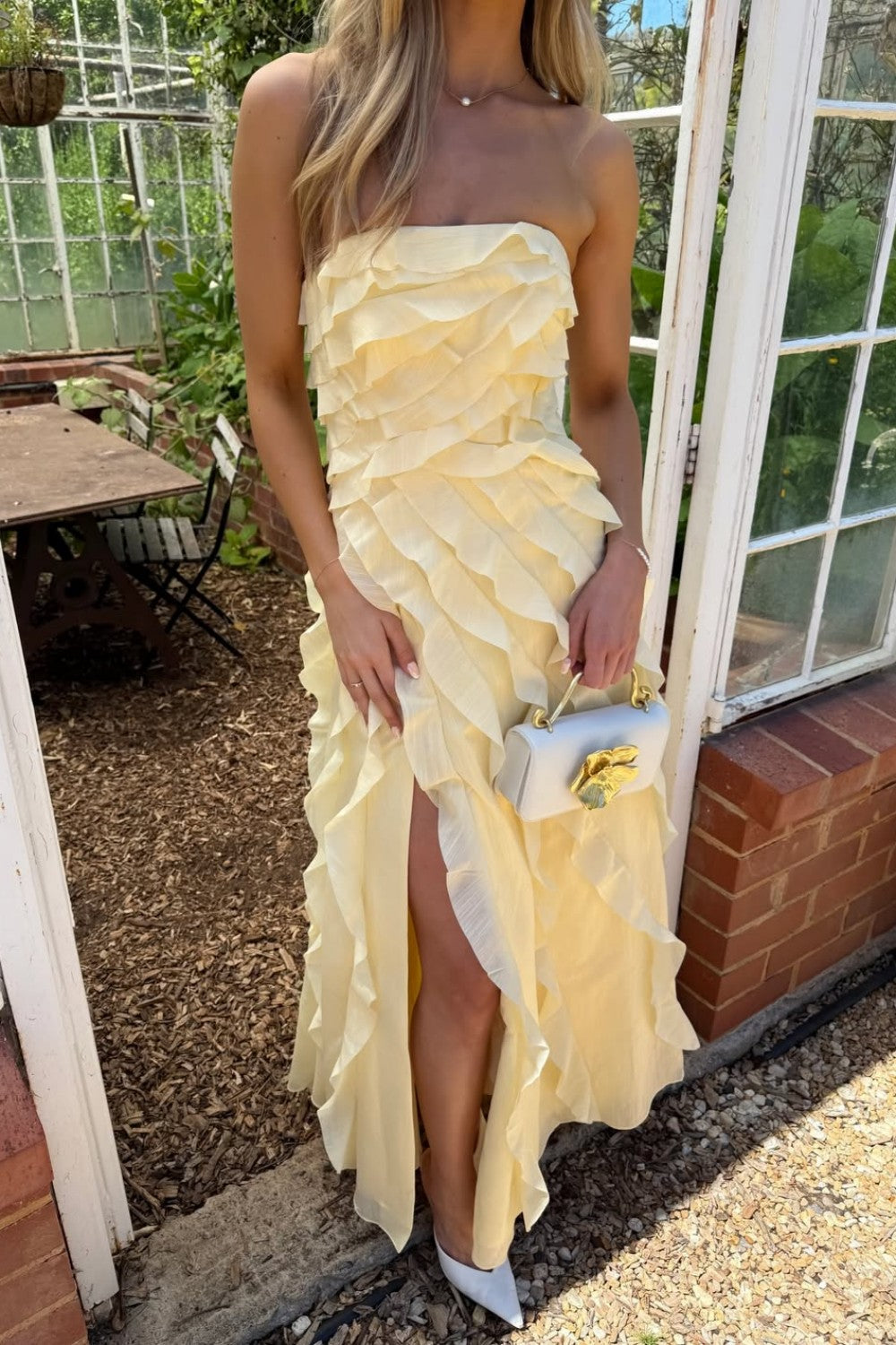 Yellow Strapless Ruffle Chiffon High Slit Long Prom Dress