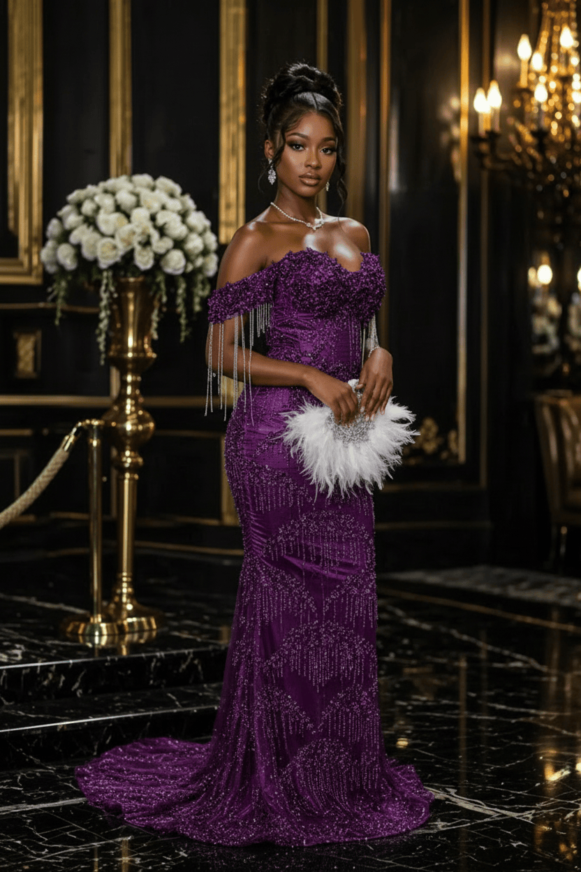 Silver Crystal Off Shoulder Sequin Beaded Mermaid Prom Dress with Fringe Details