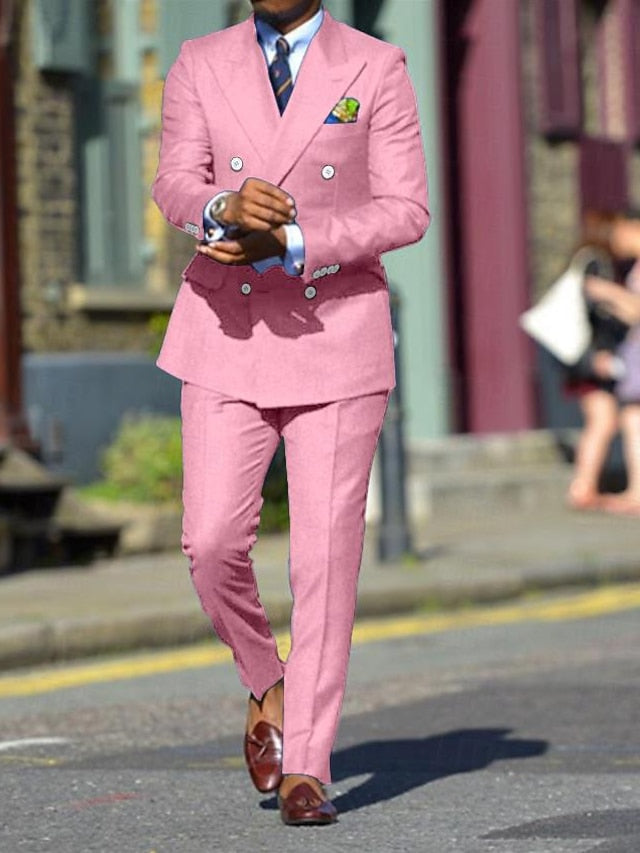 Men's Standard Fit Double Breasted Six-buttons 2 Pieces Solid Colored Wedding Suits Pink