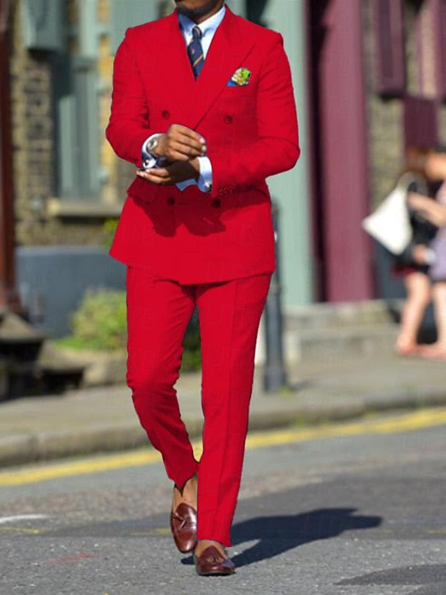 Men's Standard Fit Double Breasted Six-buttons 2 Pieces Solid Colored Wedding Suits Red
