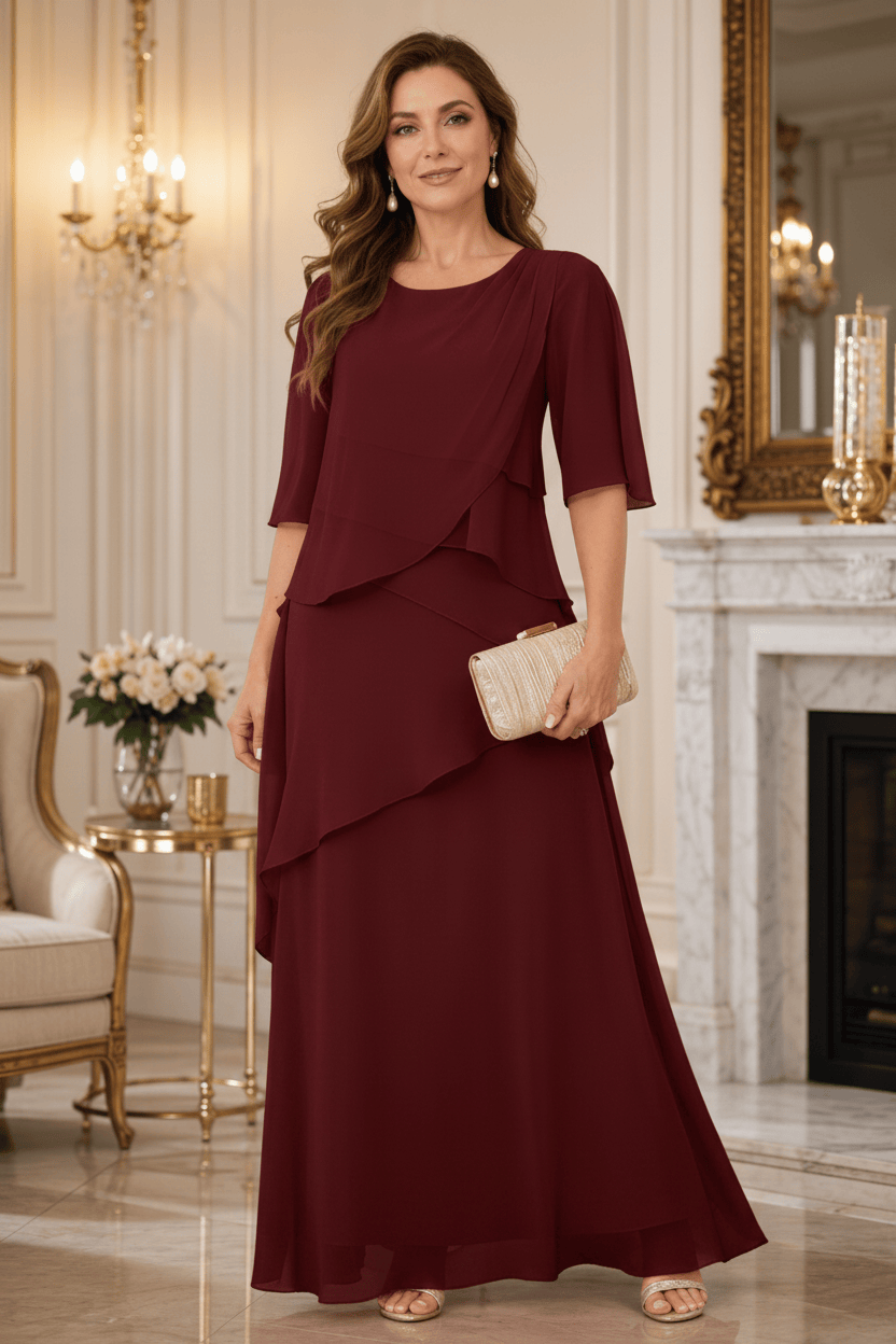 Dusty Rose Chiffon Tiered Mother of the Bride Dress with Flutter Sleeves