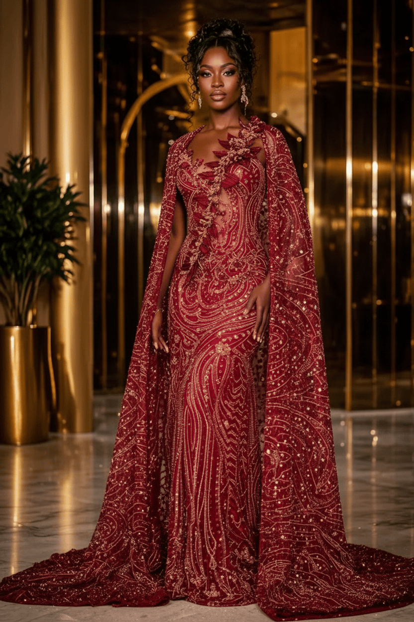 Flame Ember Off Shoulder Sequin Beaded Mermaid Prom Dress with 3D Floral Details