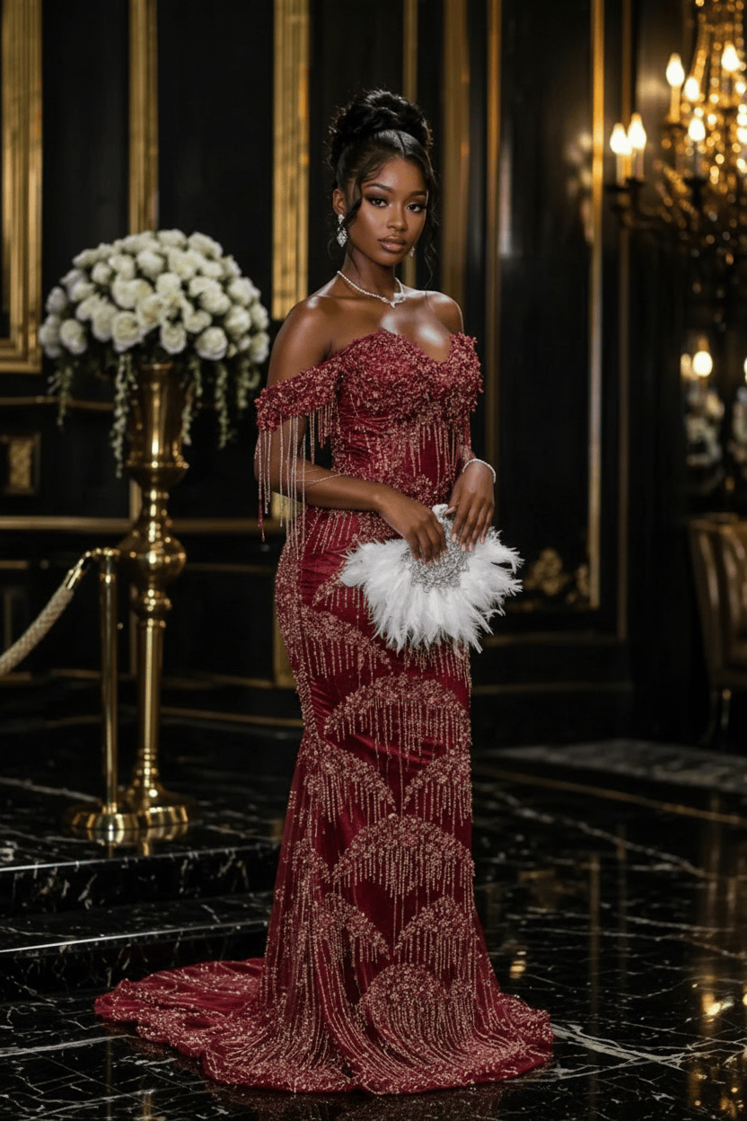 Silver Crystal Off Shoulder Sequin Beaded Mermaid Prom Dress with Fringe Details