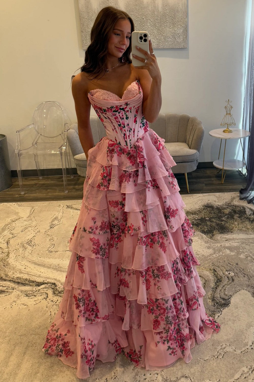 Charming Blue Floral Sweetheart Corset Prom Dress with Layered Ruffle Skirt