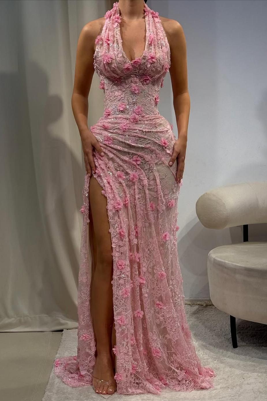 Light Blue 3D Floral Lace Halter Prom Dress with Beaded Illusion Bodice and High Slit