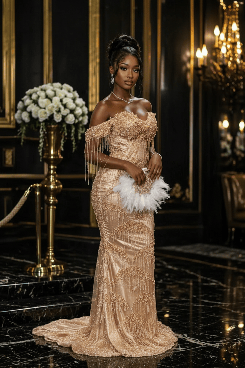 Silver Crystal Off Shoulder Sequin Beaded Mermaid Prom Dress with Fringe Details