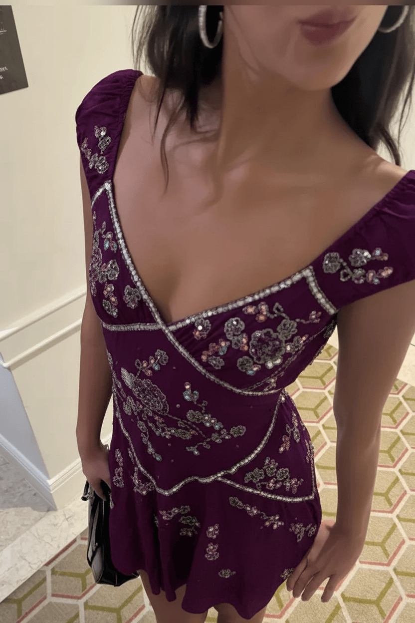 Elegant A Line V Neck Grey Short Homecoming Dress with Embroidery