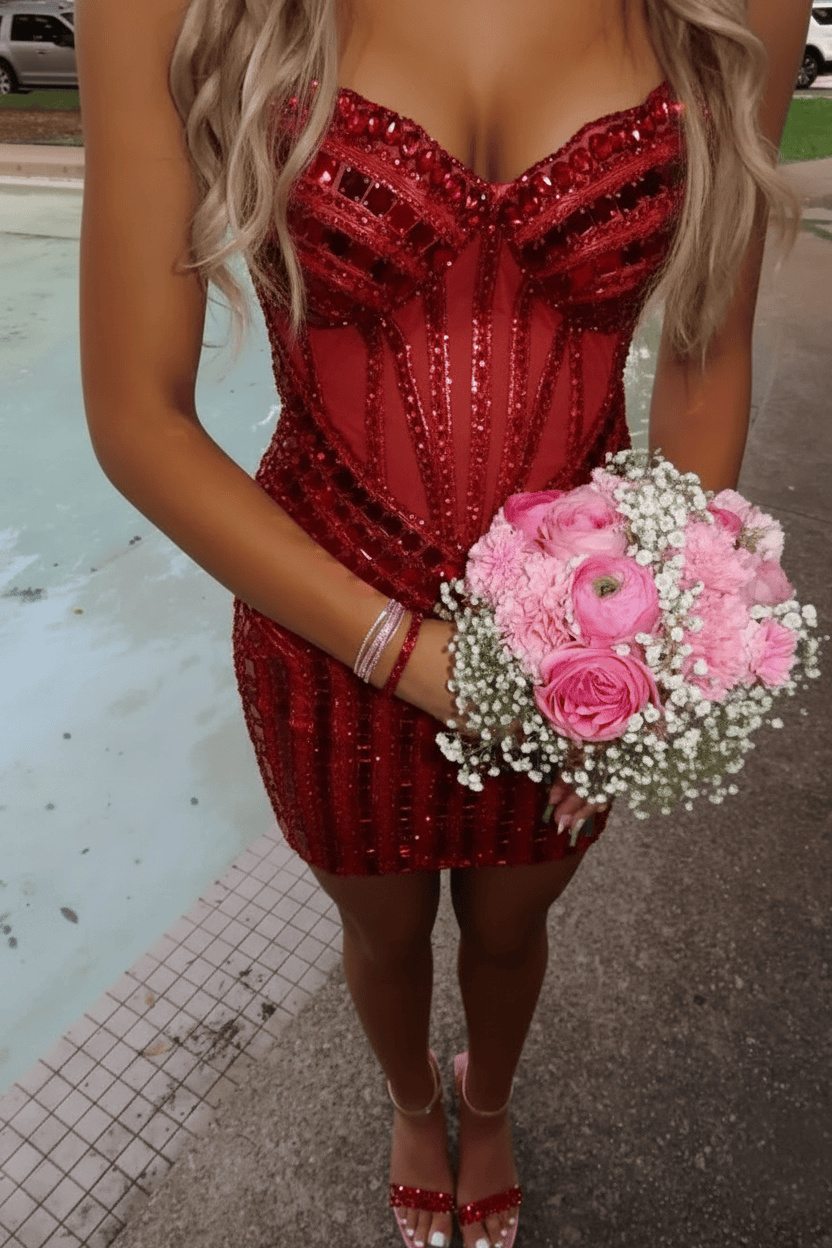 Luxurious Sheath Sweetheart Pink Corset Homecoming Dress with Beading