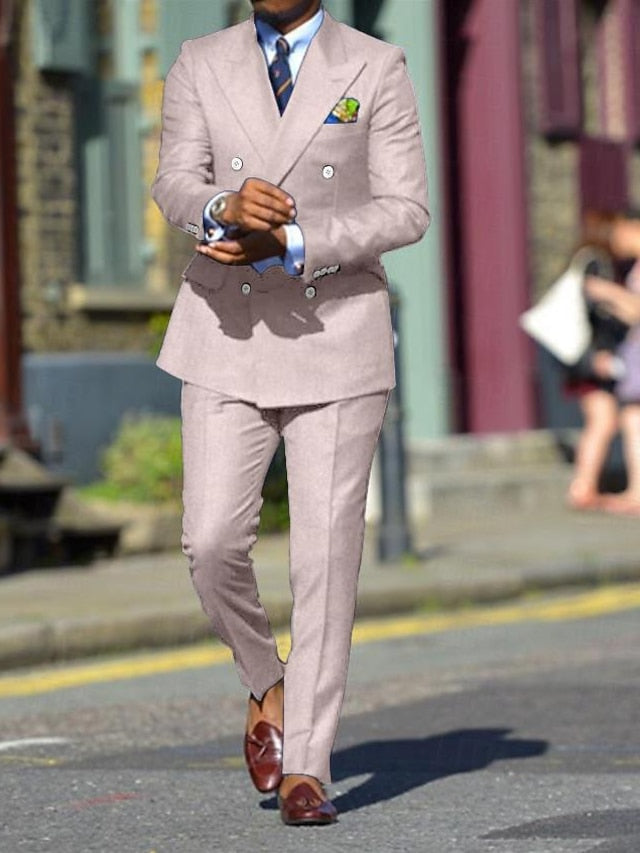 Men's Standard Fit Double Breasted Six-buttons 2 Pieces Solid Colored Wedding Suits Mauve