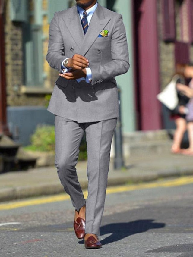 Men's Standard Fit Double Breasted Six-buttons 2 Pieces Solid Colored Wedding Suits Light Gray