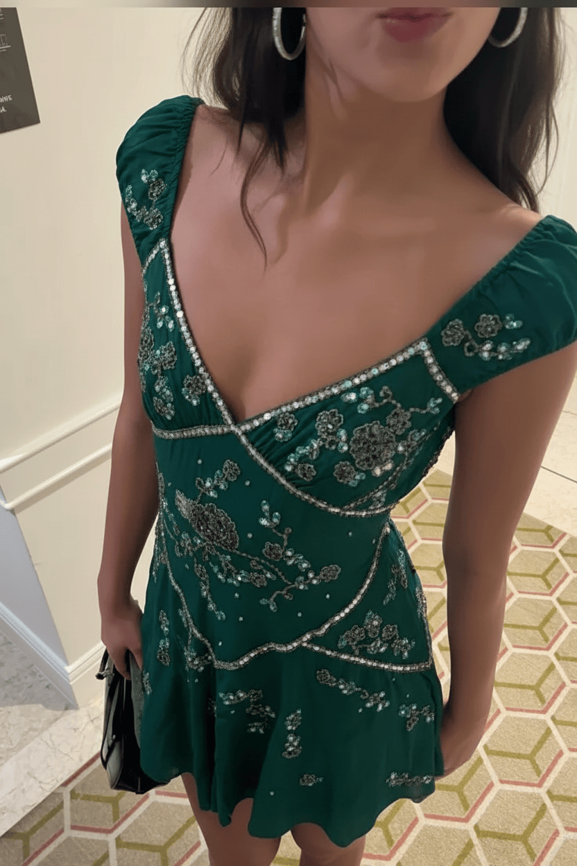 Elegant A Line V Neck Grey Short Homecoming Dress with Embroidery