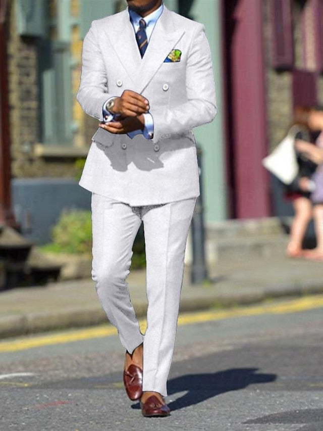 Men's Standard Fit Double Breasted Six-buttons 2 Pieces Solid Colored Wedding Suits White