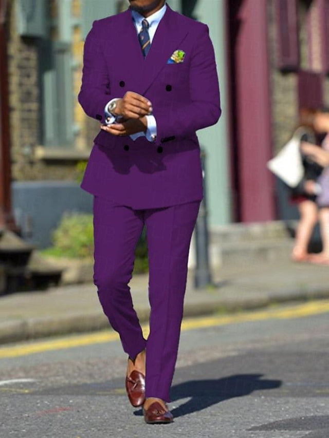 Men's Standard Fit Double Breasted Six-buttons 2 Pieces Solid Colored Wedding Suits Purple