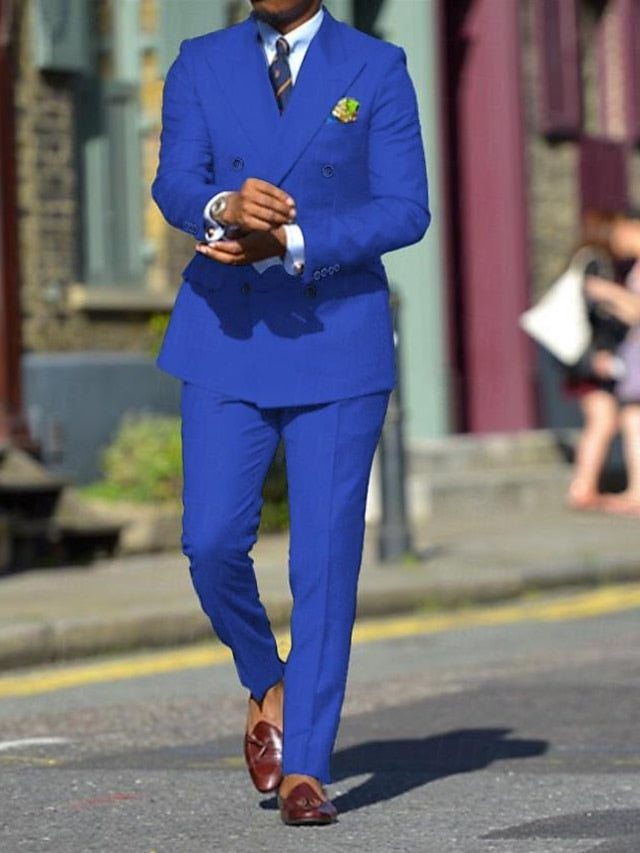 Men's Standard Fit Double Breasted Six-buttons 2 Pieces Solid Colored Wedding Suits Royal Blue