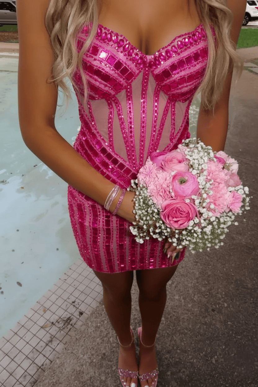 Luxurious Sheath Sweetheart Pink Corset Homecoming Dress with Beading