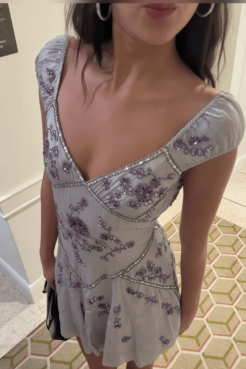 Elegant A Line V Neck Grey Short Homecoming Dress with Embroidery