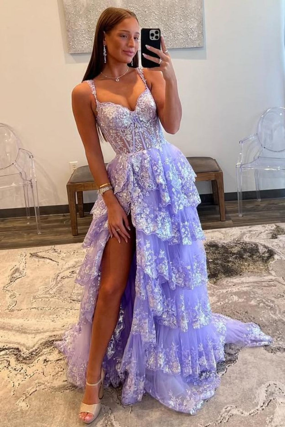 Lilac A-Line Floral Lace Corset High-Low Tiered Sequin Prom Dress with Slit