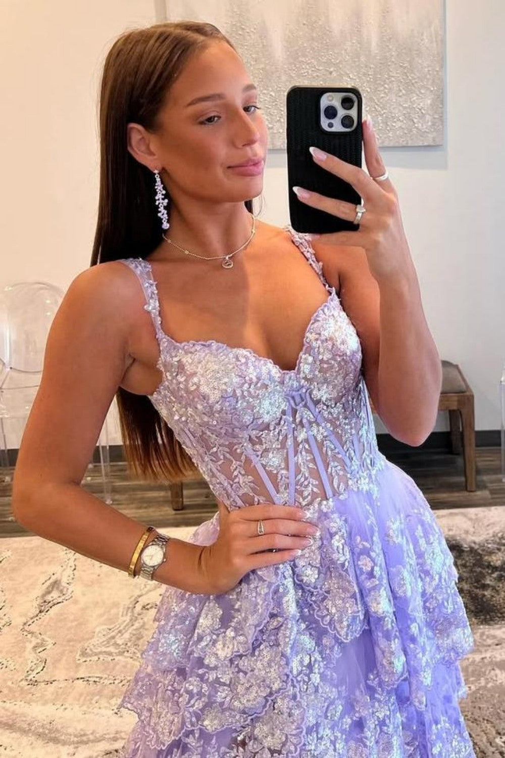 Lilac A-Line Floral Lace Corset High-Low Tiered Sequin Prom Dress with Slit