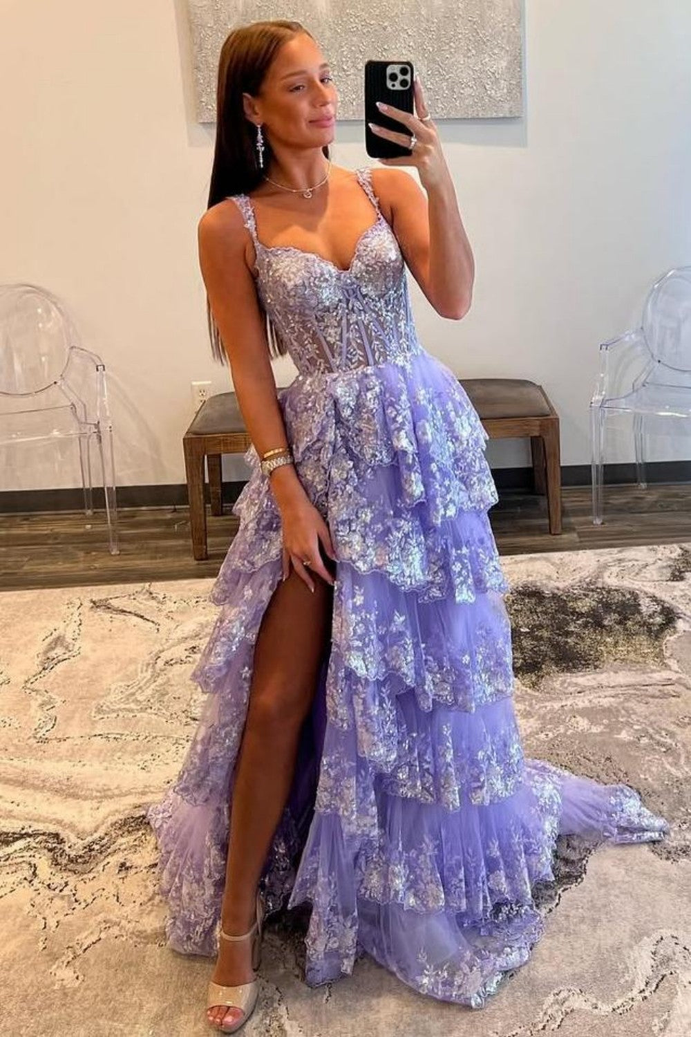 Lilac A-Line Floral Lace Corset High-Low Tiered Sequin Prom Dress with Slit