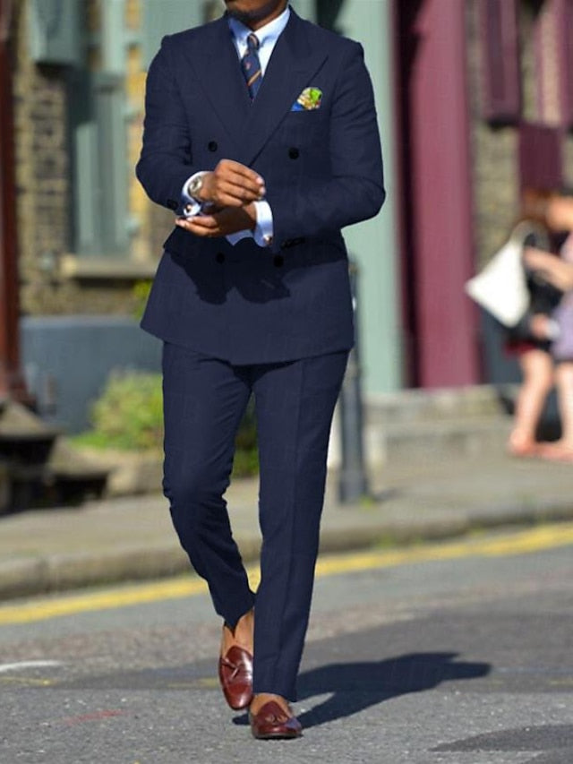 Men's Standard Fit Double Breasted Six-buttons 2 Pieces Solid Colored Wedding Suits Dark Navy