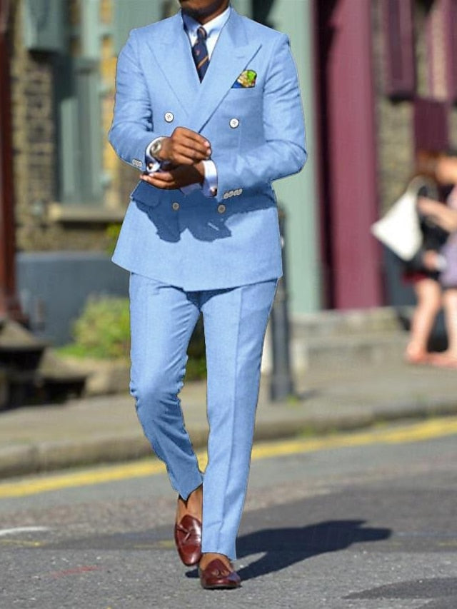 Men's Standard Fit Double Breasted Six-buttons 2 Pieces Solid Colored Wedding Suits Sky Blue