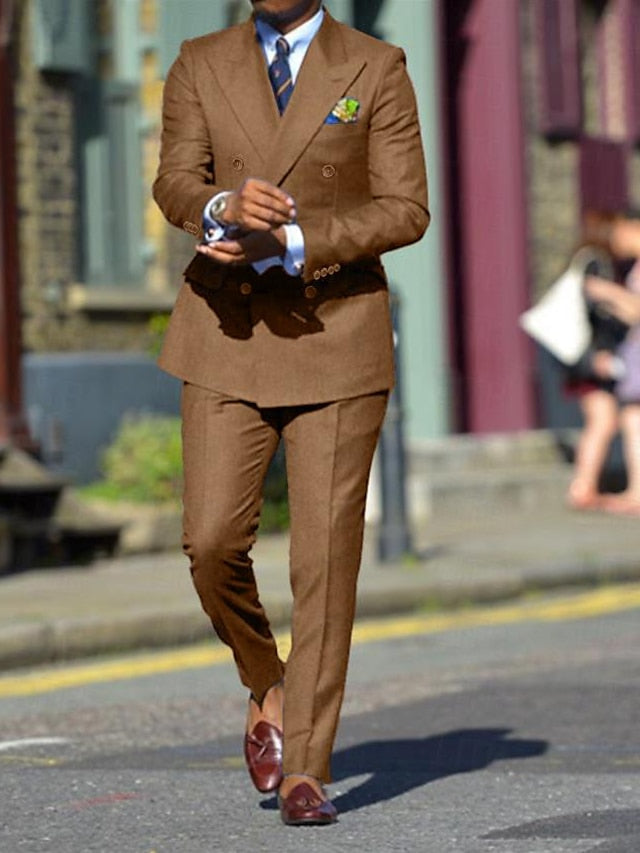 Men's Standard Fit Double Breasted Six-buttons 2 Pieces Solid Colored Wedding Suits Khaki