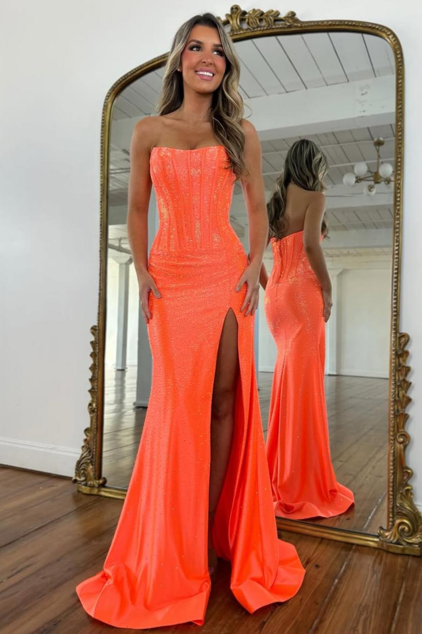 Glam Orange Strapless High-Slit Prom Dress with Corset Bodice and Sparkle