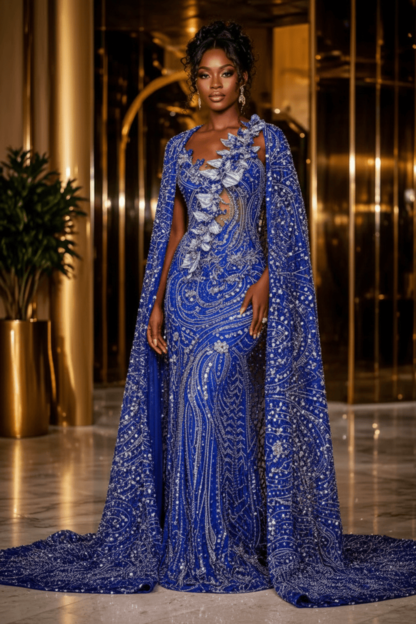 Flame Ember Off Shoulder Sequin Beaded Mermaid Prom Dress with 3D Floral Details