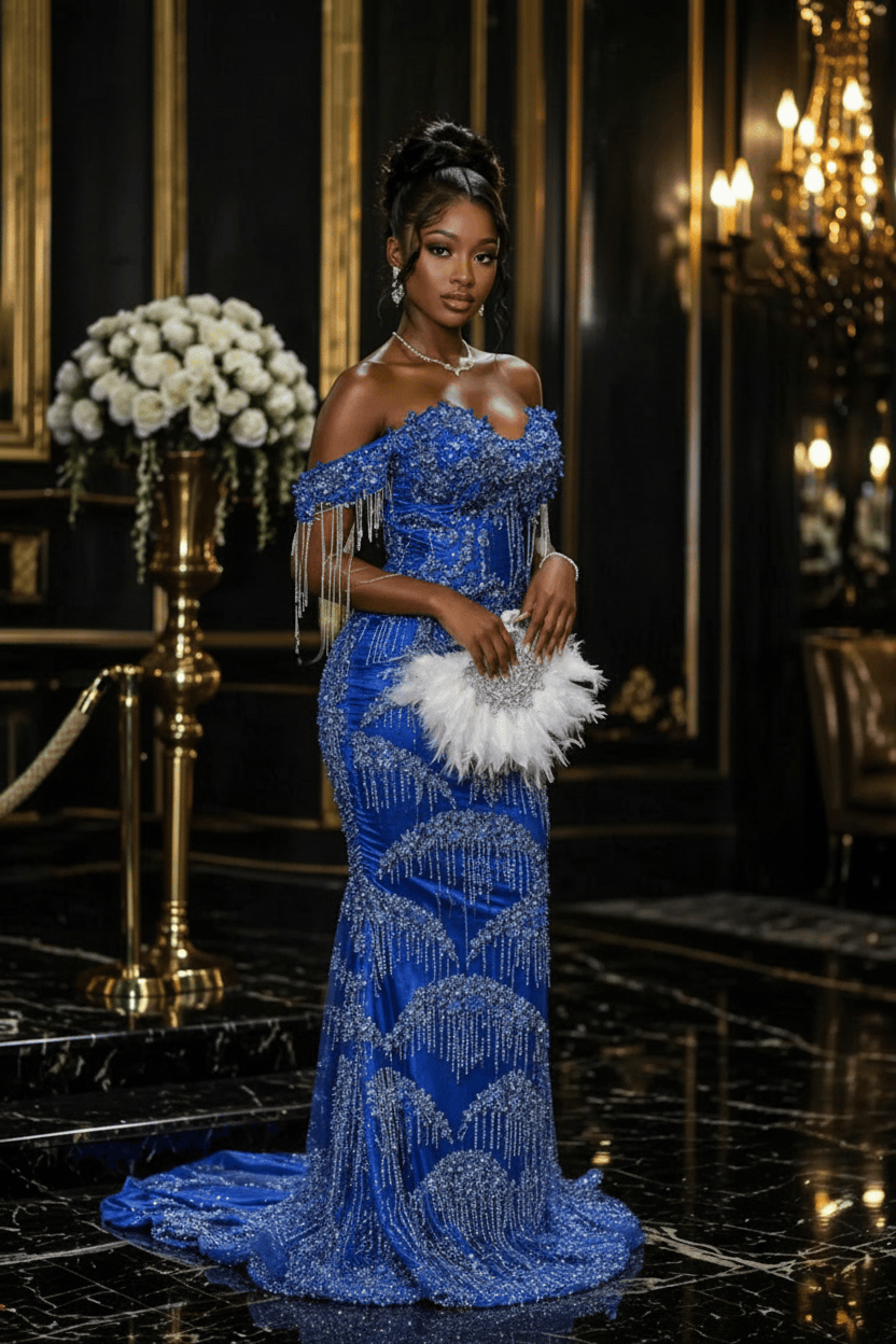 Silver Crystal Off Shoulder Sequin Beaded Mermaid Prom Dress with Fringe Details