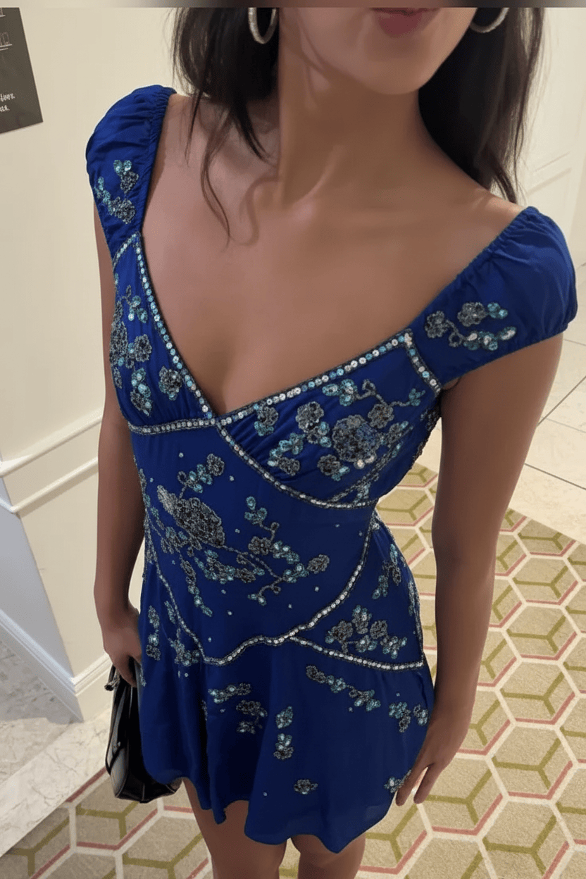 Elegant A Line V Neck Grey Short Homecoming Dress with Embroidery