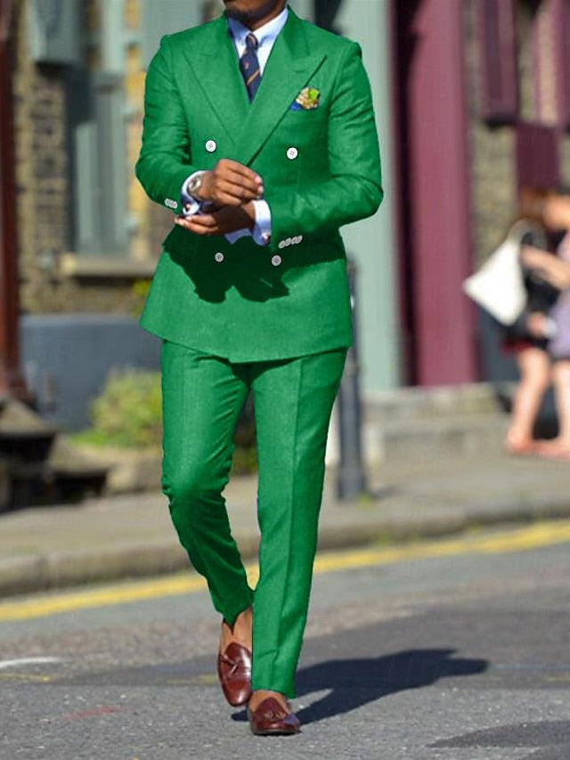 Men's Standard Fit Double Breasted Six-buttons 2 Pieces Solid Colored Wedding Suits Lime Green
