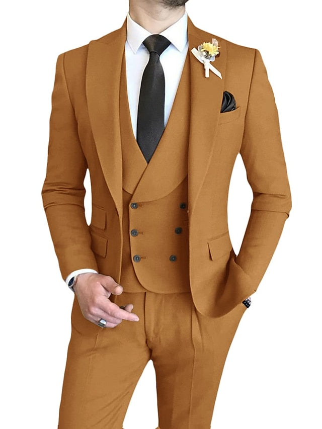 Men's Tailored Fit Single Breasted One-button 3 Pieces Wedding Suits Brown