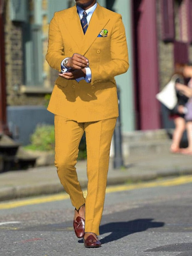 Men's Standard Fit Double Breasted Six-buttons 2 Pieces Solid Colored Wedding Suits Yellow