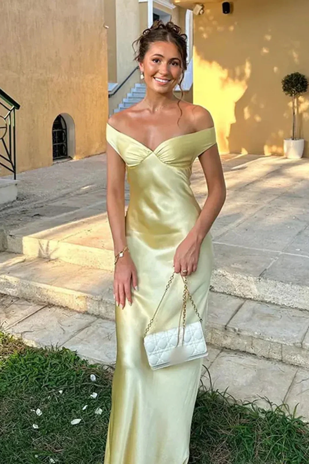 Stylish Mermaid Off the Shoulder Yellow Long Party Dress with Open Back