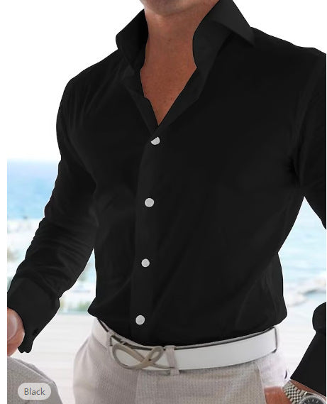 Men's Casual Cotton Linen Long Sleeves Solid Color Shirt Black