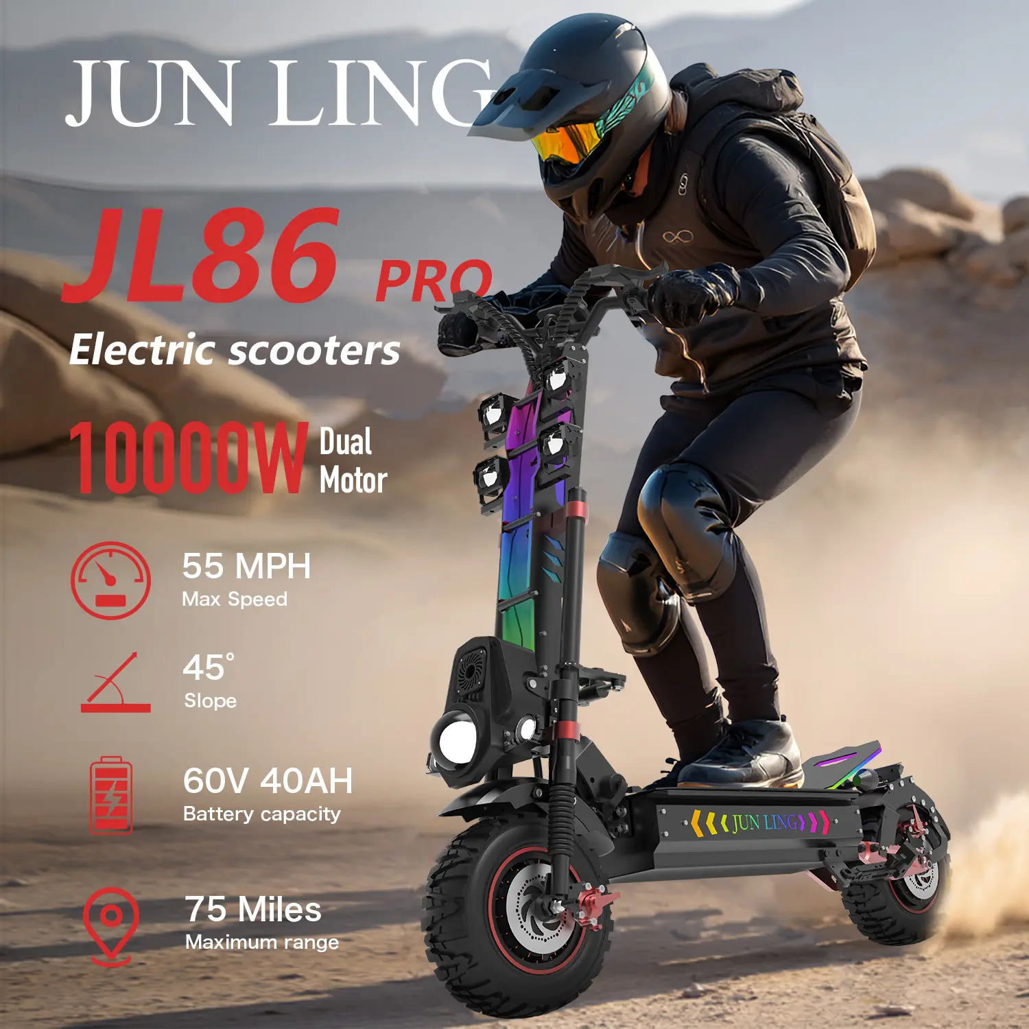 [REDDYDY] [Limited Summer Discount]JL86 Off-Road Sporty Adult Electric Scooter, 10000W Dual Motor, 60V 40Ah, Up to 55 MPH, 75 Miles Long Range, 3 Gear Speed Mode, 13" Pneumatic Tires, Max 440 LBS Load Capacity,NFC,Foldable
