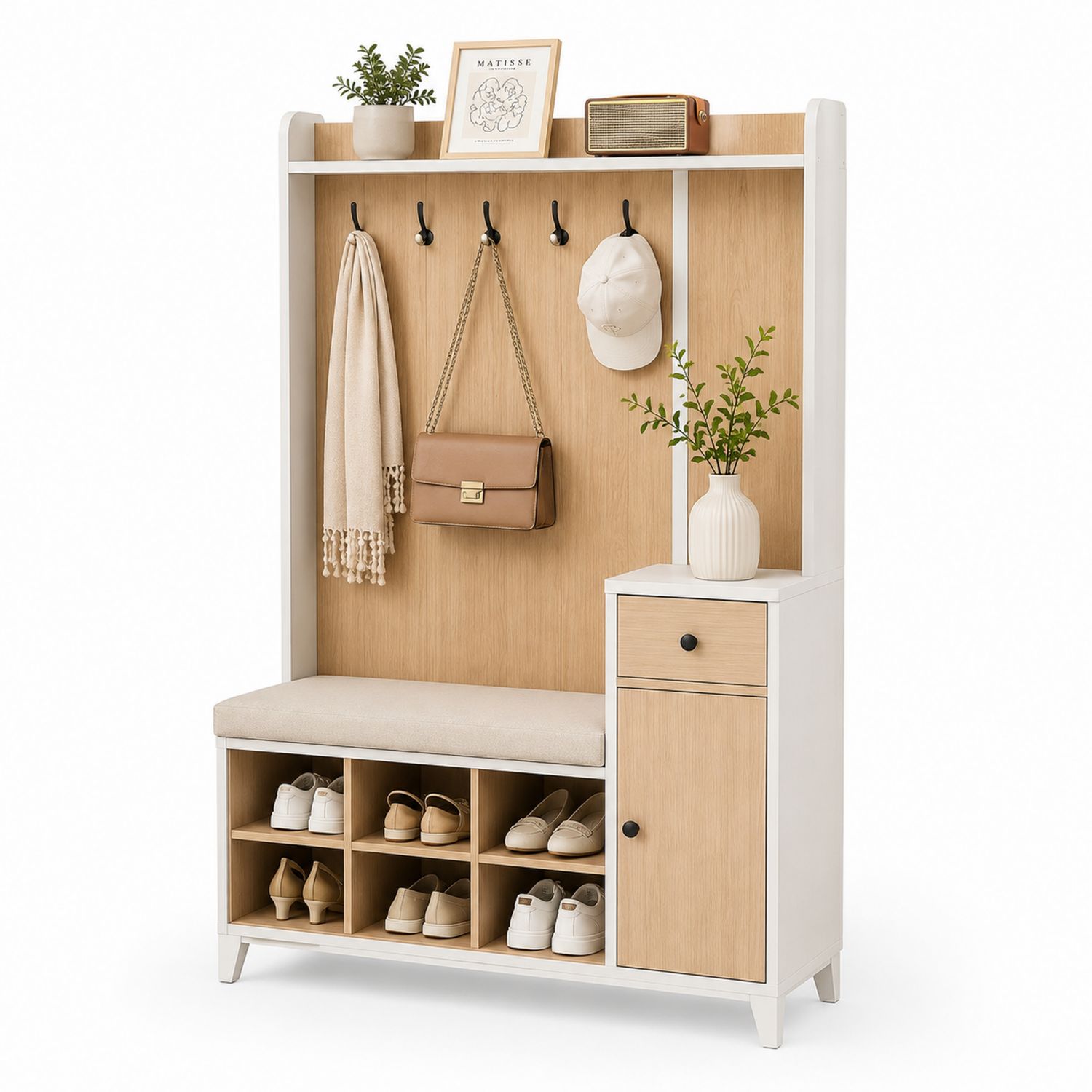 Perchero de Madera y Metal con Banco y Almacenamiento 180 cm x 100 cm x 30 cm