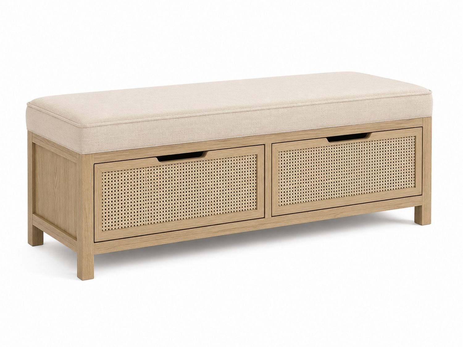 Banco de Madera Roble con Cojín de Lino Beige y Cajones de Ratán