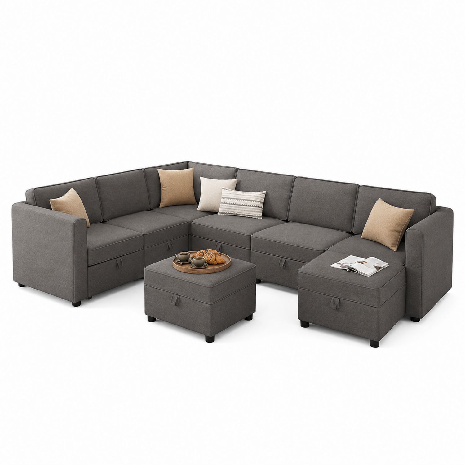 Sofá esquinero modular en L de poliéster gris con almacenamiento