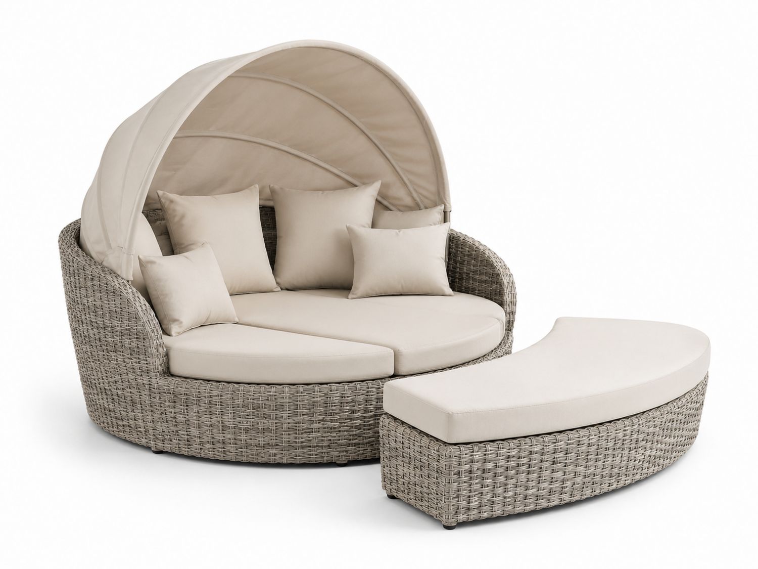 Cama de día redonda de ratán con dosel y cojines beige
