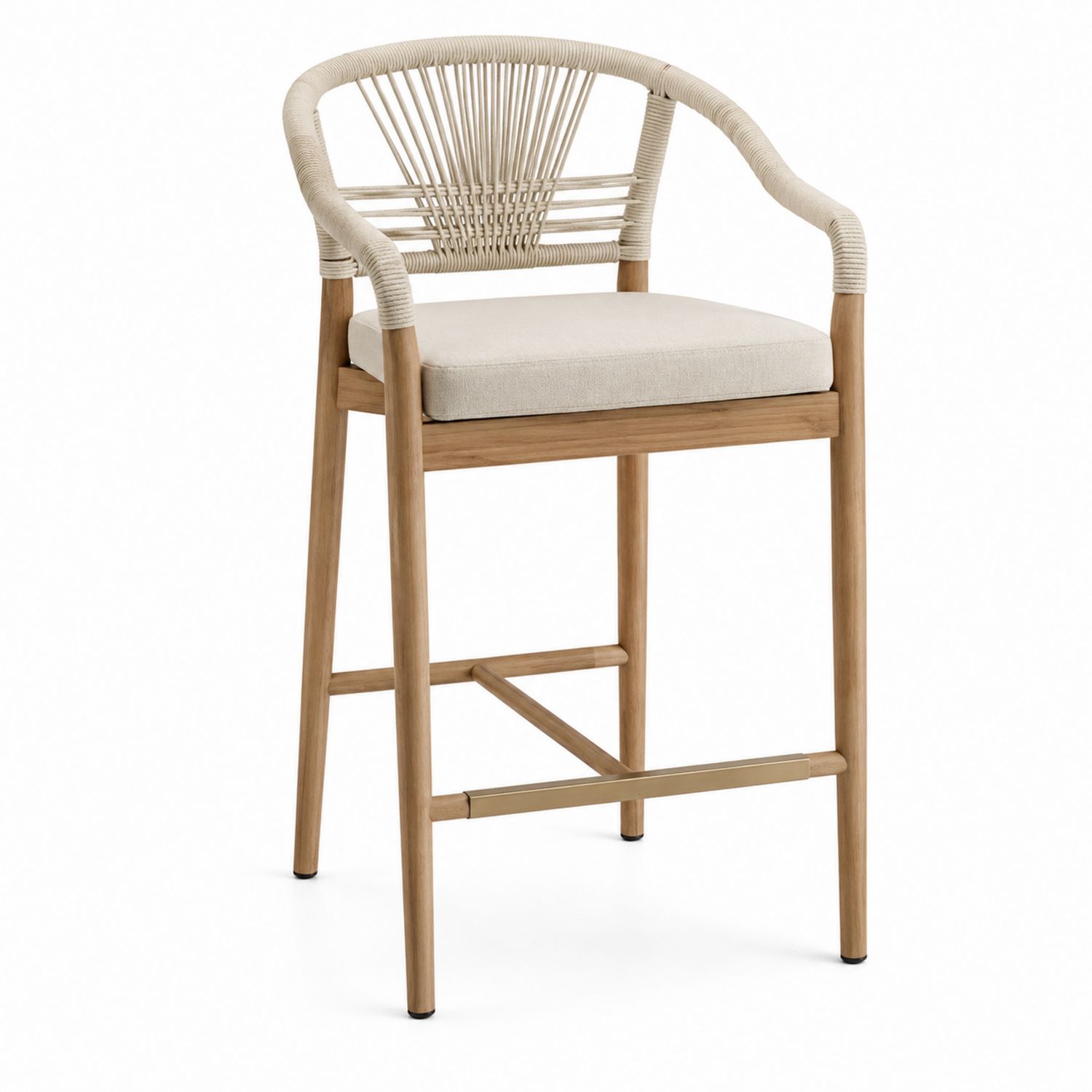 Taburete de bar con estructura de madera de teca y asiento de tela beige