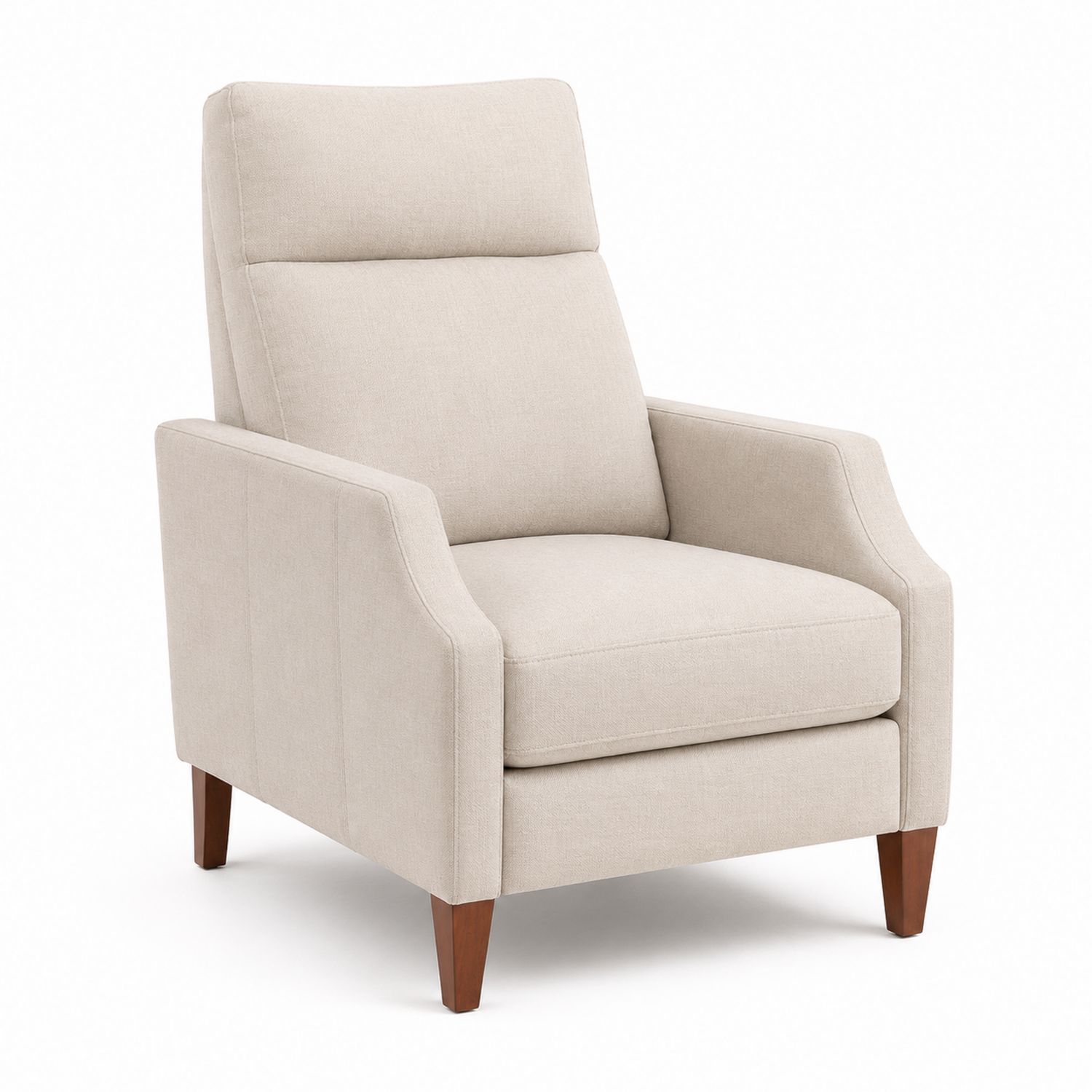 Sillón reclinable de tela beige con patas de madera