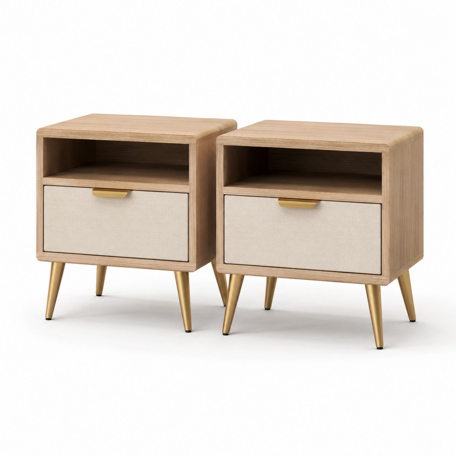 Conjunto de 2 mesitas de noche de madera y lino con patas doradas