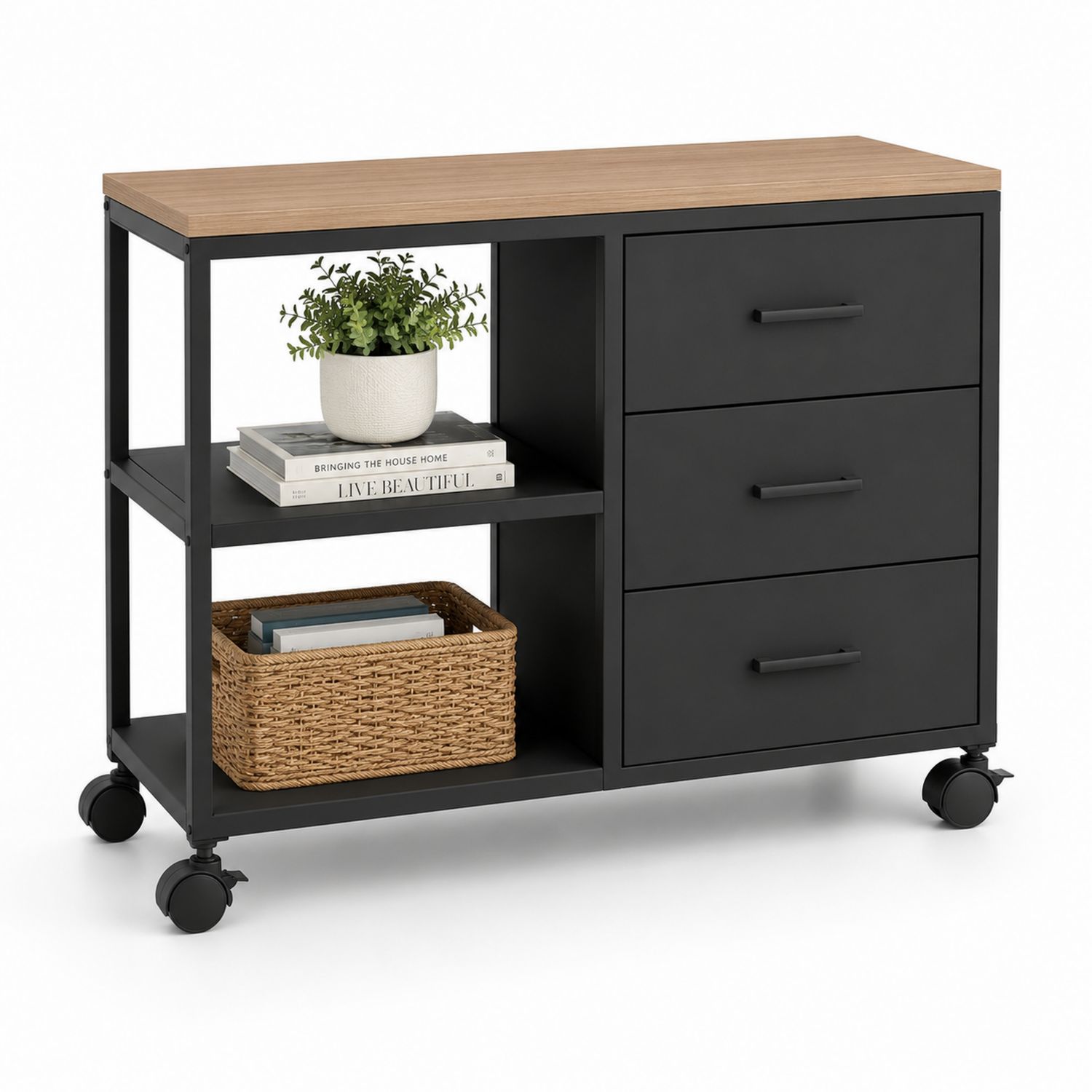 Carrito de almacenamiento de metal y madera MDF con cajones y estantes, con ruedas, Negro/Roble