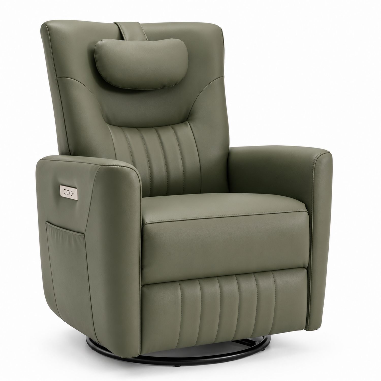 Sillón reclinable giratorio de cuero sintético verde con reposacabezas 105x75x90 cm