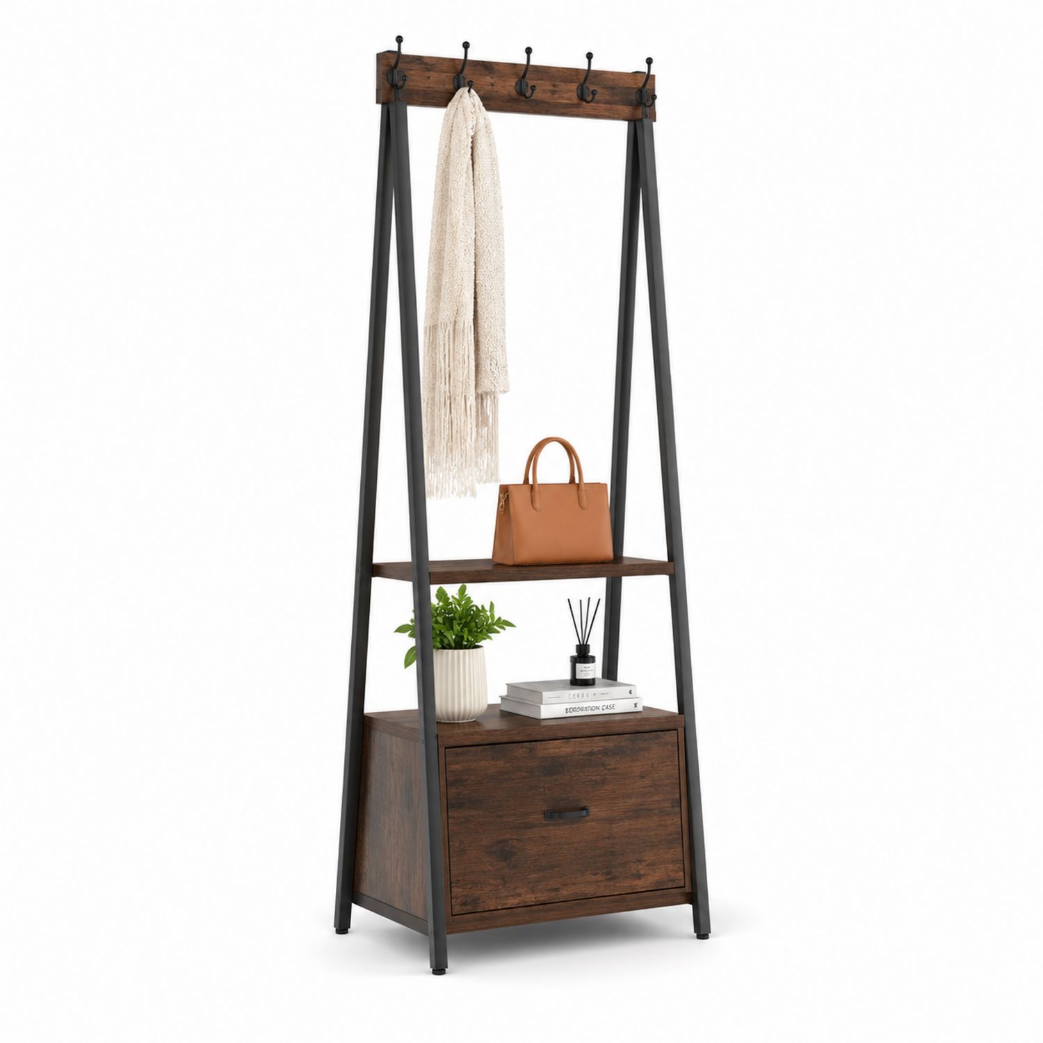 Perchero de madera con estructura metálica y estantes