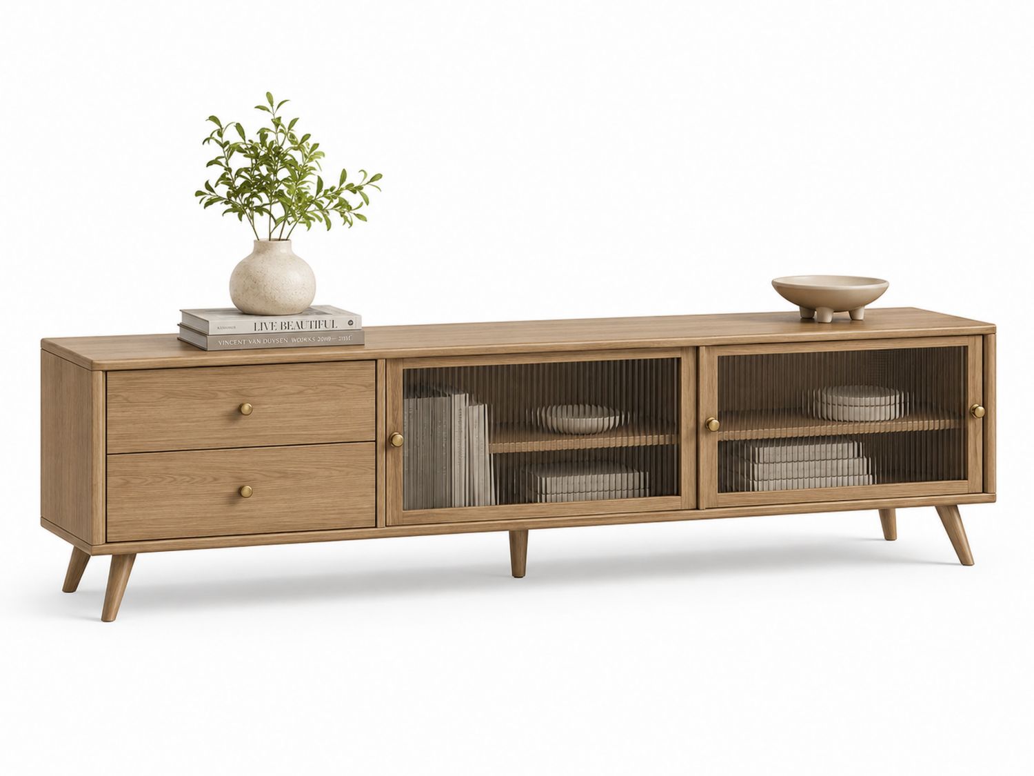 Mueble de TV de Madera con Puertas de Vidrio Estriado y Cajones